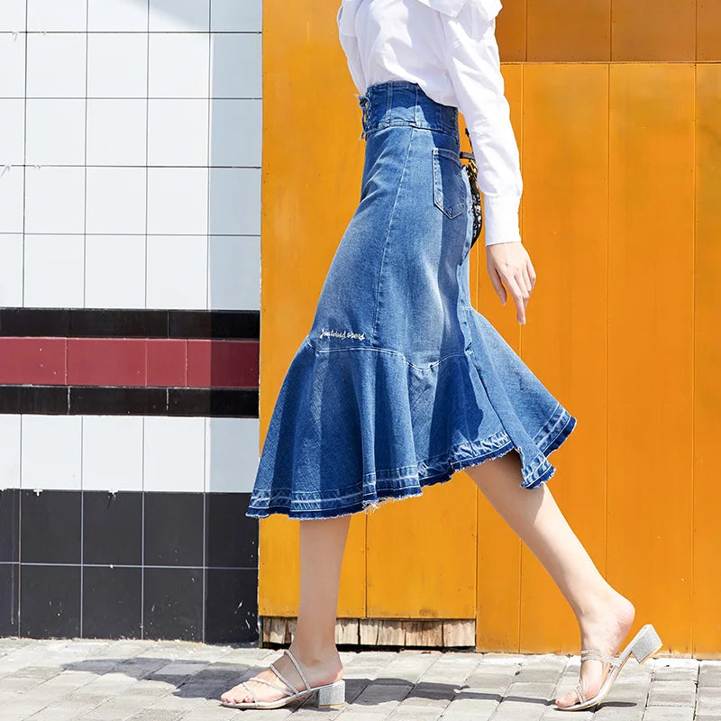 Denim Irregular High Waist Lace Up Skirt