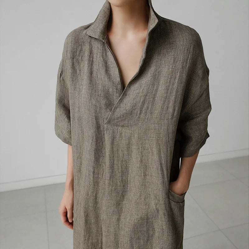Cotton Linen V-Neck Short Sleeve Pocket Loose Dress