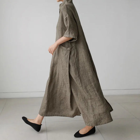 Cotton Linen V-Neck Short Sleeve Pocket Loose Dress