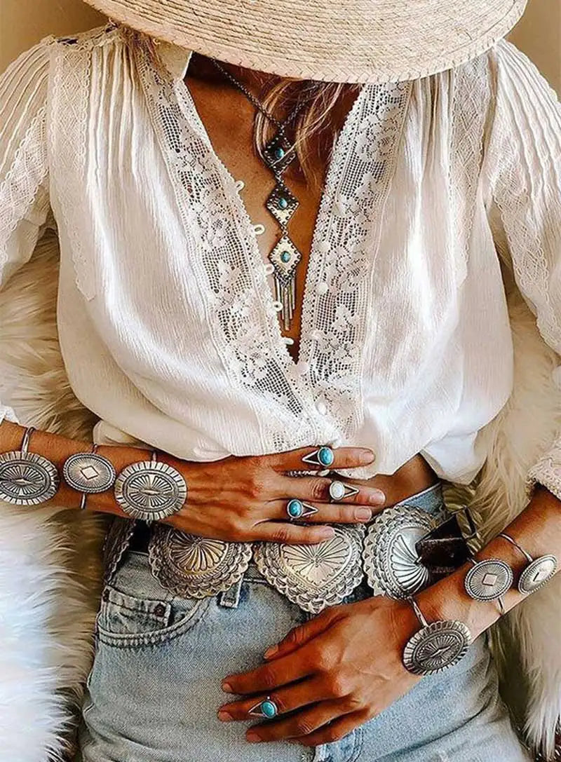 White Long Sleeve Embroidered Boho Blouse