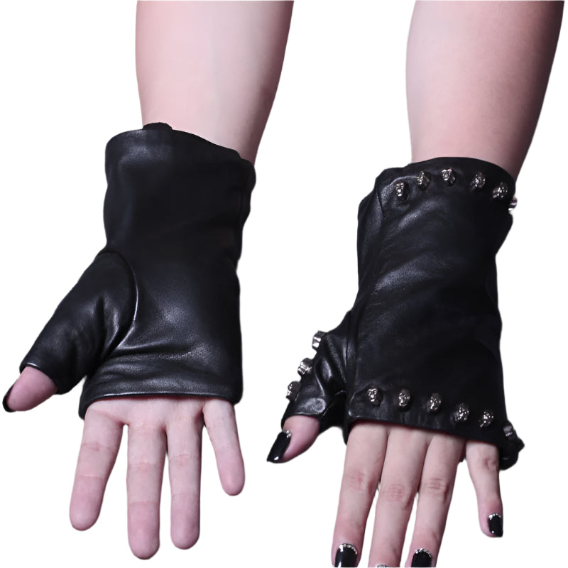 Genuine Leather Skull Bone Fingerless Thin Gloves