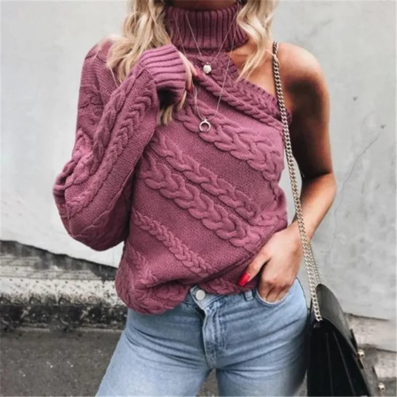 Knitted One Shoulder Turtle-Neck Pullover Sweater