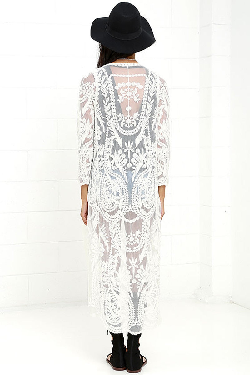 Embroidery Lace Bohemian White Beach Cover-Up