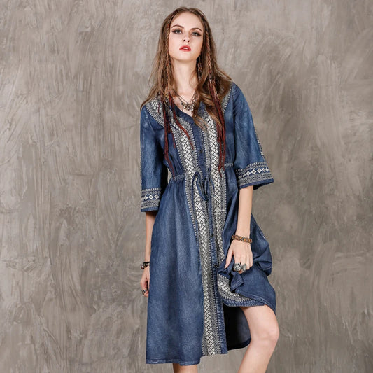 Denim V-Neck Half Sleeve Loose Embroidery String Waist Dress