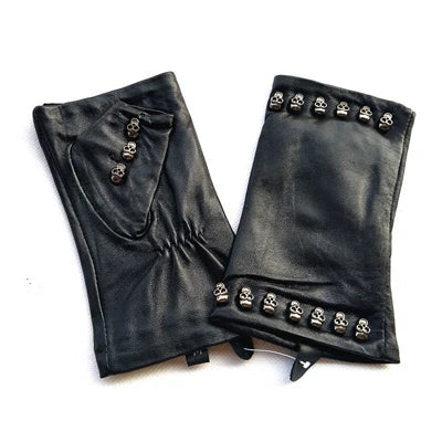 Genuine Leather Skull Bone Fingerless Thin Gloves