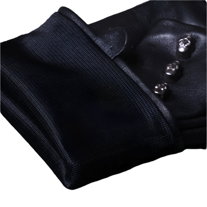 Genuine Leather Skull Bone Fingerless Thin Gloves