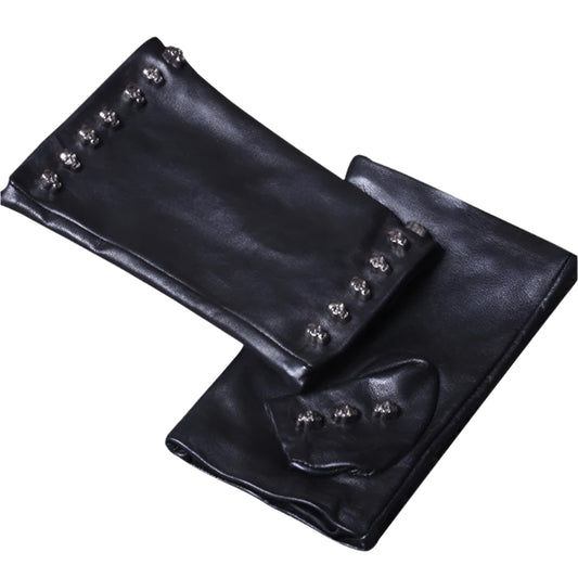 Genuine Leather Skull Bone Fingerless Thin Gloves