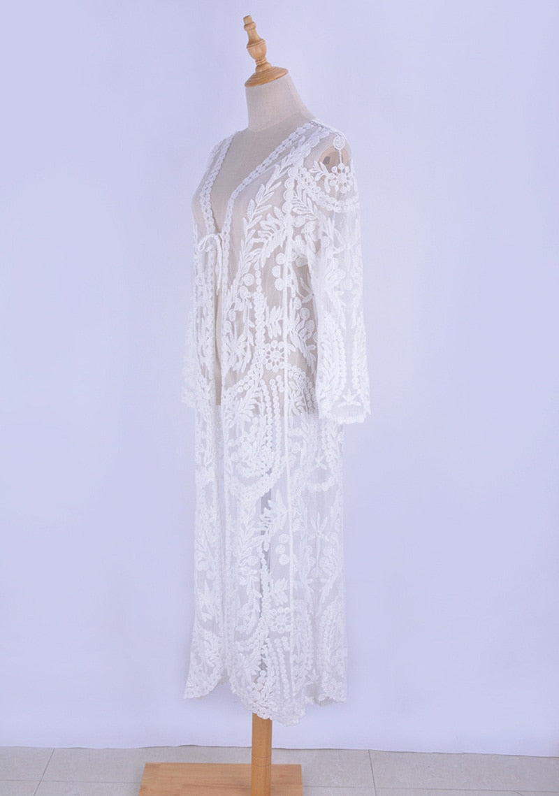 Embroidery Lace Bohemian White Beach Cover-Up