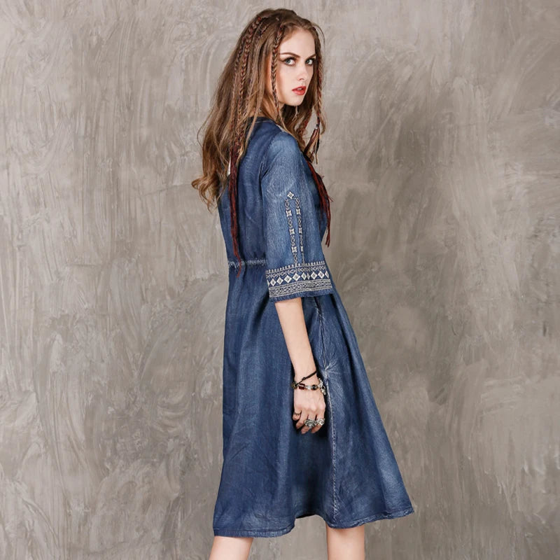 Denim V-Neck Half Sleeve Loose Embroidery String Waist Dress