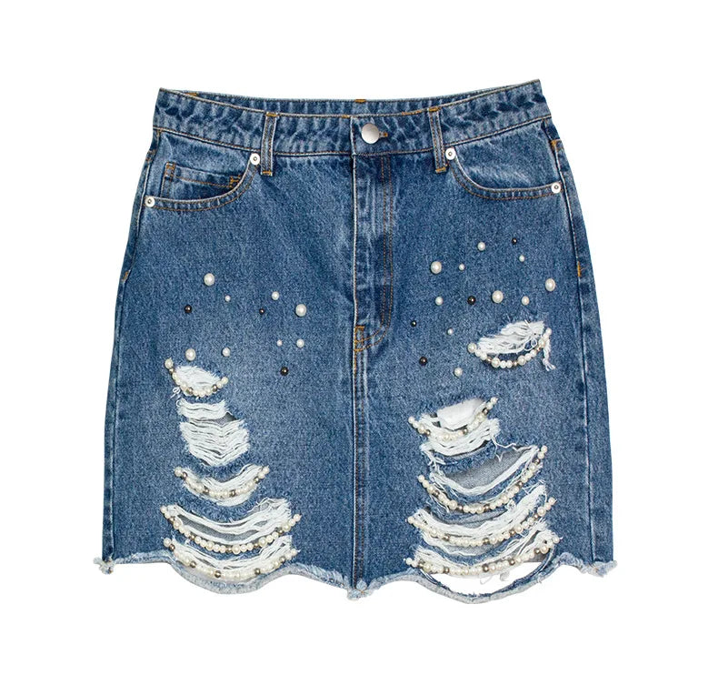 Ripped Embroidered Denim Skirt