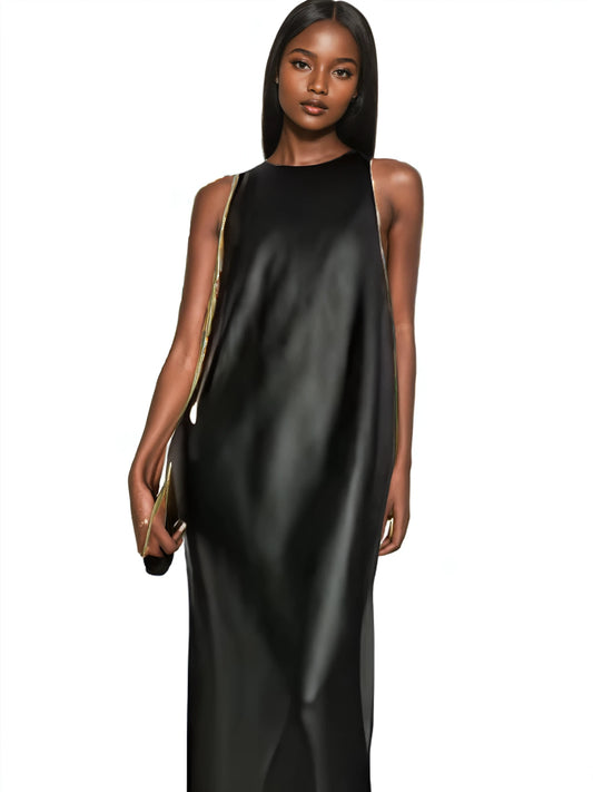 Black Extra Long Faux Leather Tank Dress