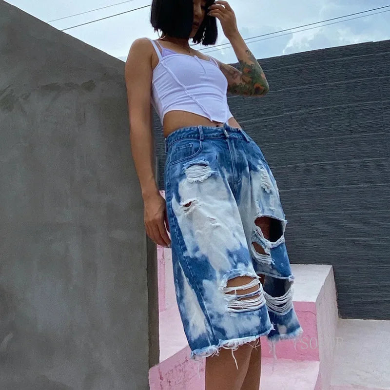 Ripped Knee Length Denim Shorts