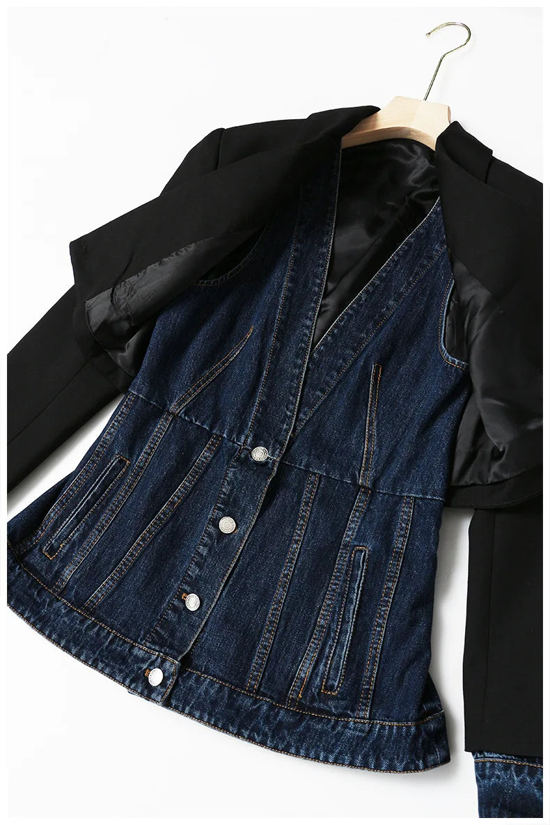 Denim Patchwork Fake Two Blazer