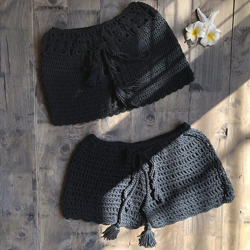 Strapless Lace Up Knit Crochet Swimwear Set