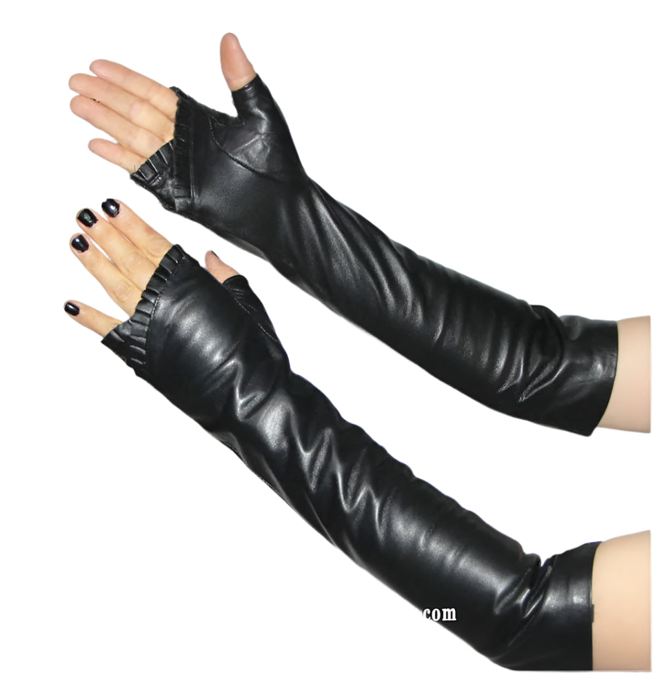 Leather Sheepskin Fingerless Long Half Finger Gloves