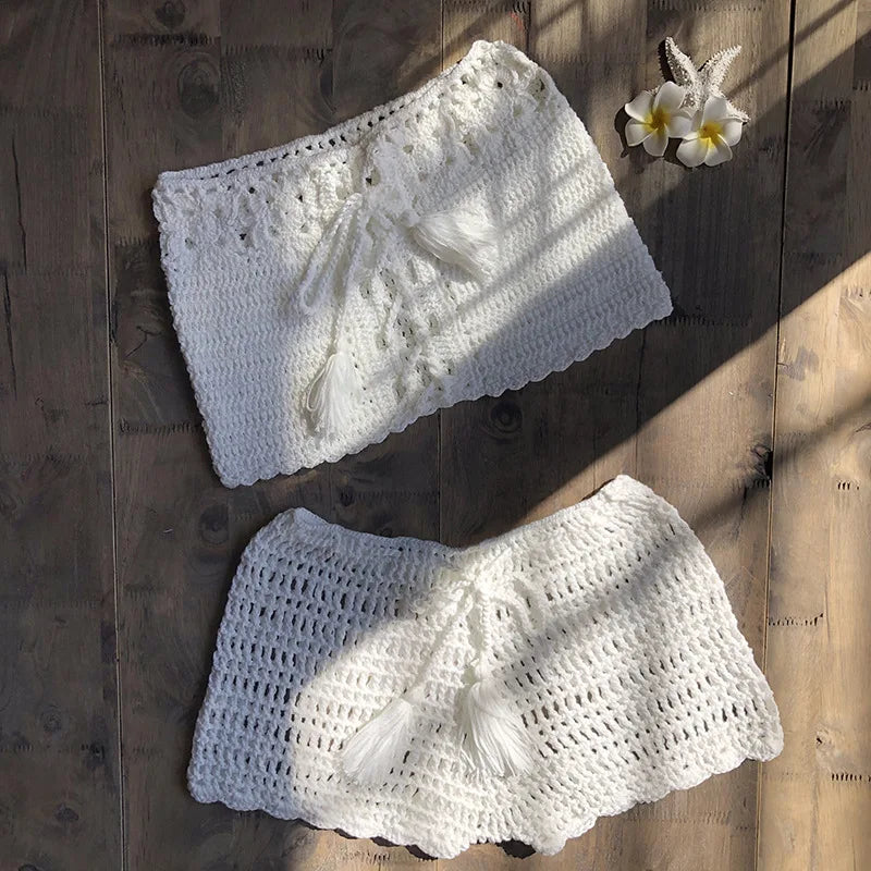 Strapless Lace Up Knit Crochet Swimwear Set