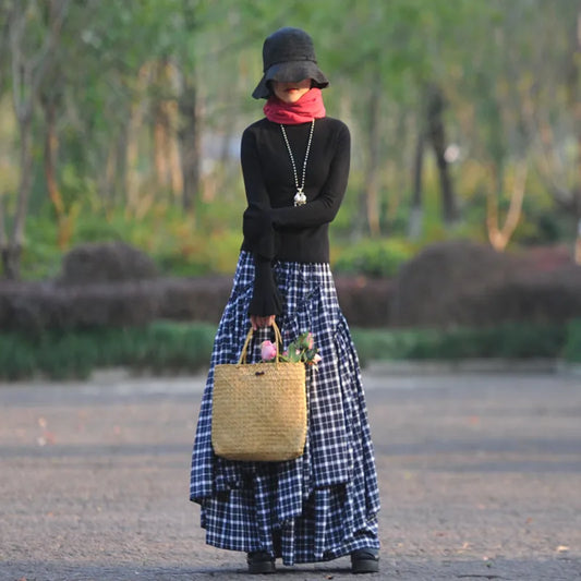 Long Maxi A-line Elastic Waist Plaid Vintage Blue Cotton Skirt