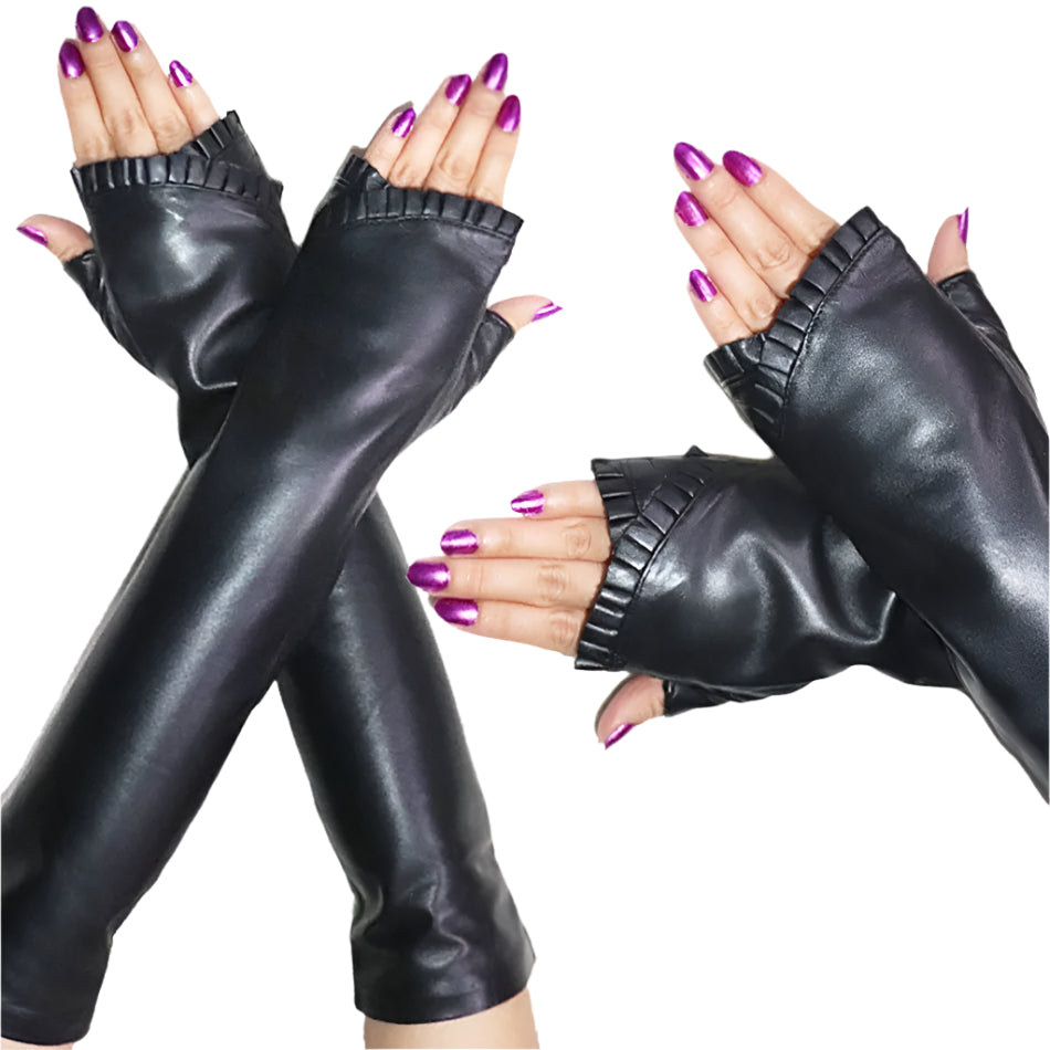 Leather Sheepskin Fingerless Long Half Finger Gloves