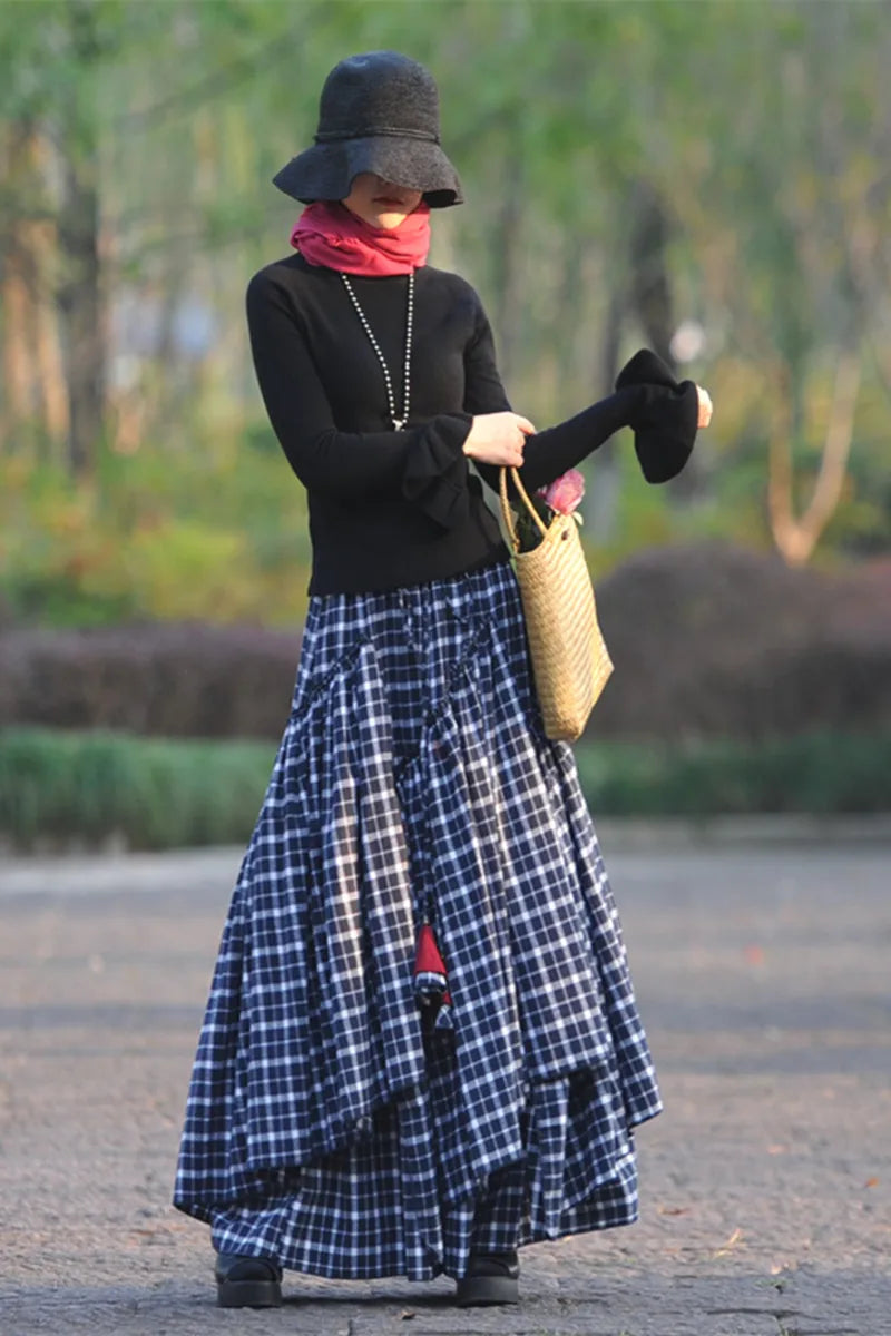 Long Maxi A-line Elastic Waist Plaid Vintage Blue Cotton Skirt