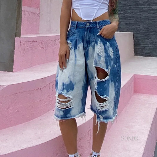 Ripped Knee Length Denim Shorts