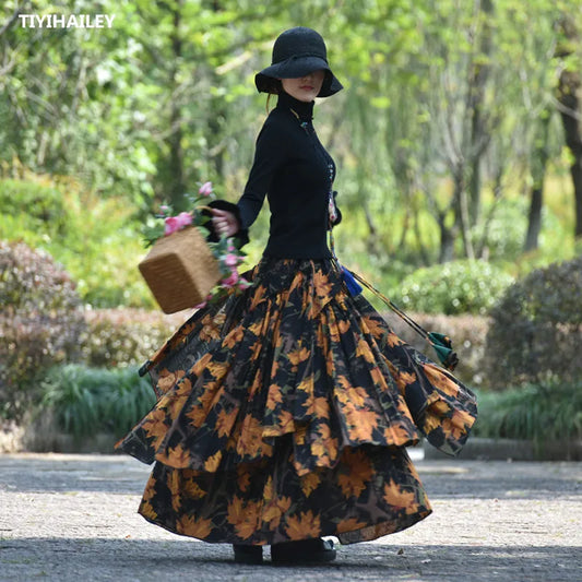 A-line Elastic Waist  Cotton And Linen Flower Print Skirts