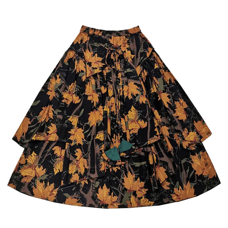 A-line Elastic Waist  Cotton And Linen Flower Print Skirts