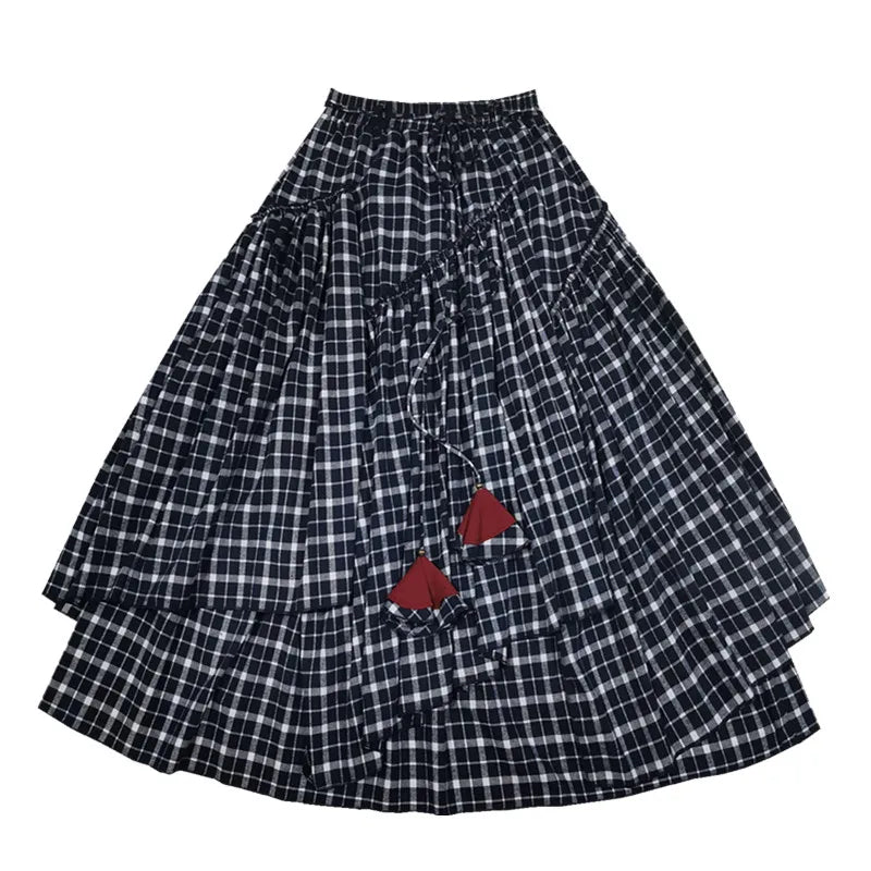 Long Maxi A-line Elastic Waist Plaid Vintage Blue Cotton Skirt