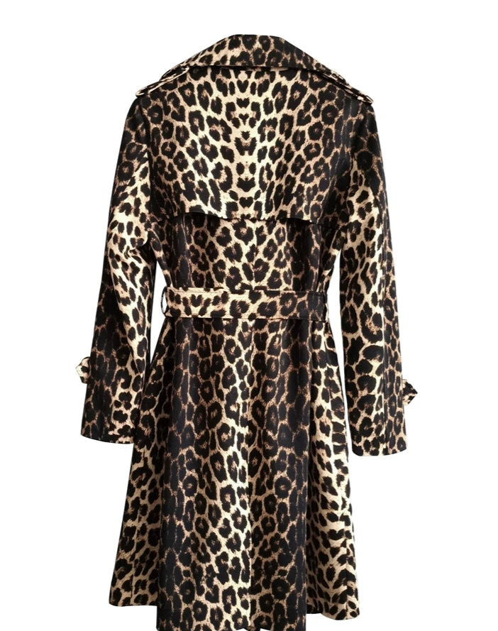 Leopard Print Knee-Length Trench Coat