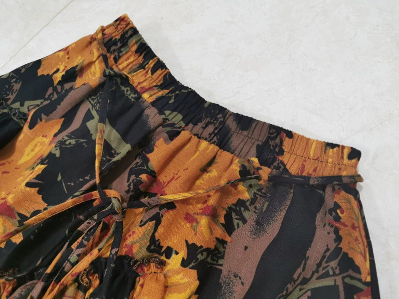 A-line Elastic Waist  Cotton And Linen Flower Print Skirts