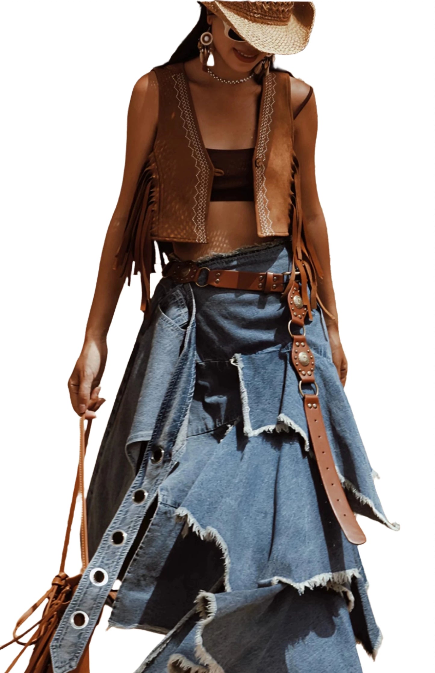 Long Maxi Bohemian Fish Tail Layer Denim Tassels Skirt