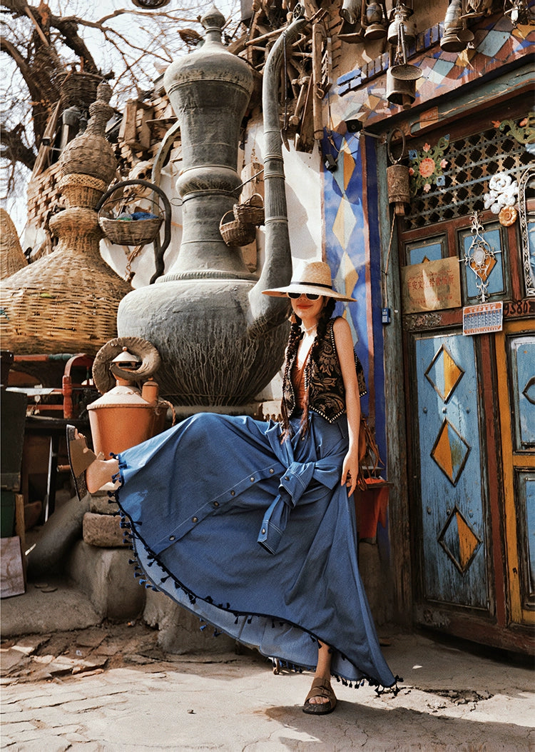 Long Maxi A-Line Denim Tassels Skirt