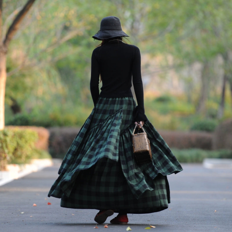 Cotton Thick Elastic Waist A-Line Plaid Green Skirt