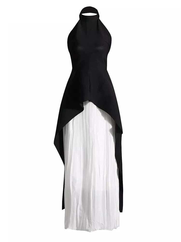 Black and White Halterneck Blouse & Pleated Skirt