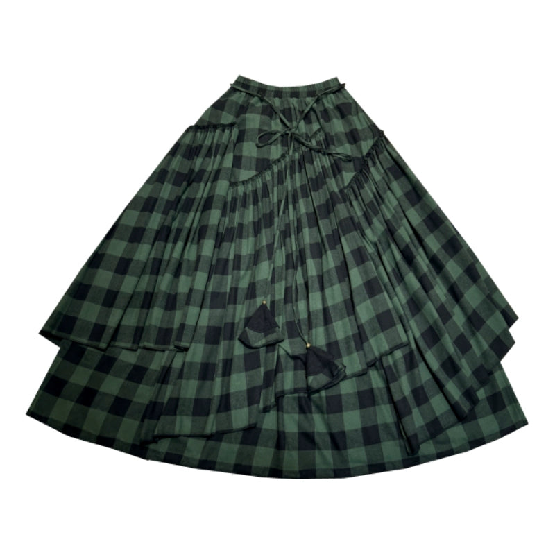 Cotton Thick Elastic Waist A-Line Plaid Green Skirt