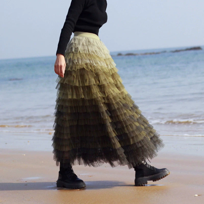 Gradient Mesh Long Maxi Skirt