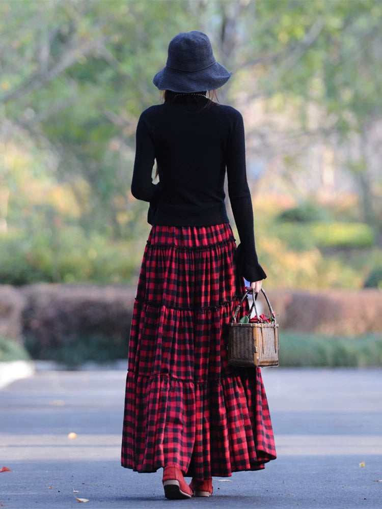 A-line Elastic Waist Cotton Print Plaid Skirt