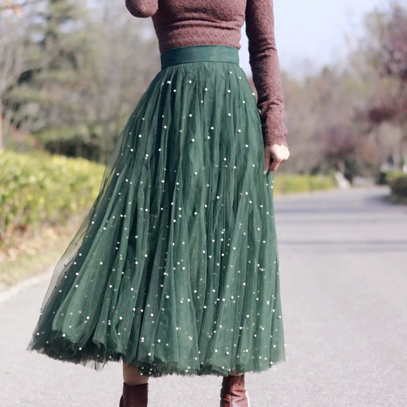 Mesh Beaded Long Maxi Skirts