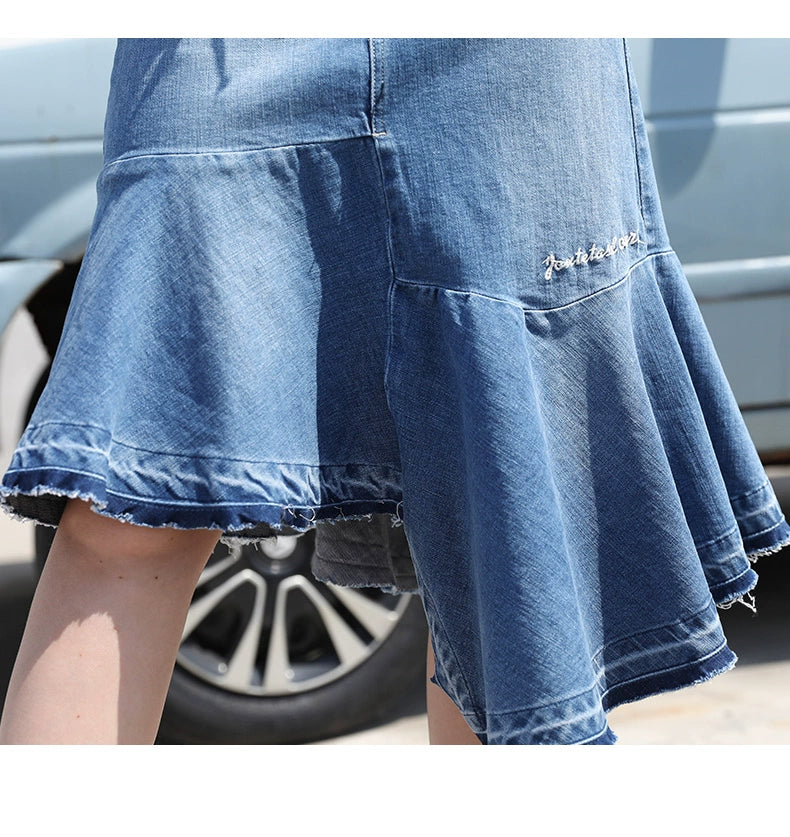 Denim Irregular High Waist Lace Up Skirt