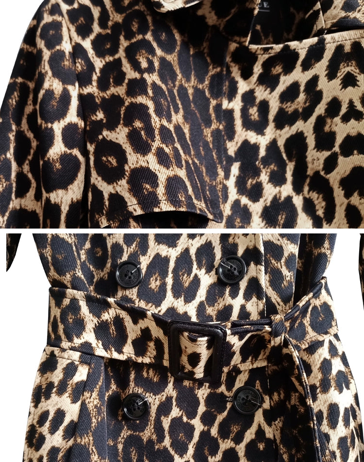 Leopard Print Knee-Length Trench Coat