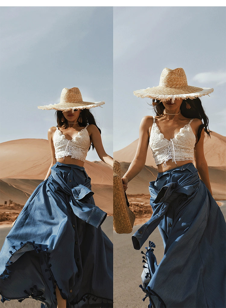 Long Maxi A-Line Denim Tassels Skirt