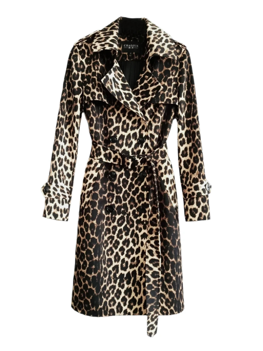 Leopard Print Knee-Length Trench Coat