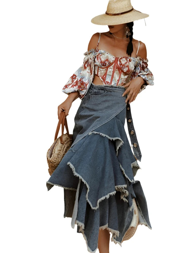 Long Maxi Bohemian Fish Tail Layer Denim Tassels Skirt