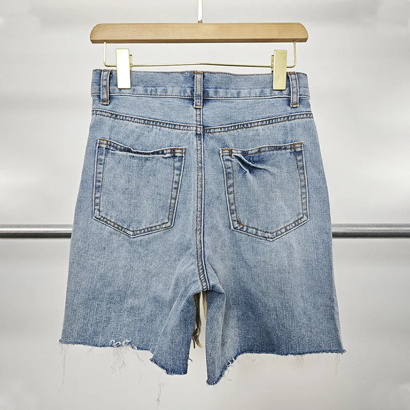 Denim Blue High Waist Cross Rope Holes Shorts