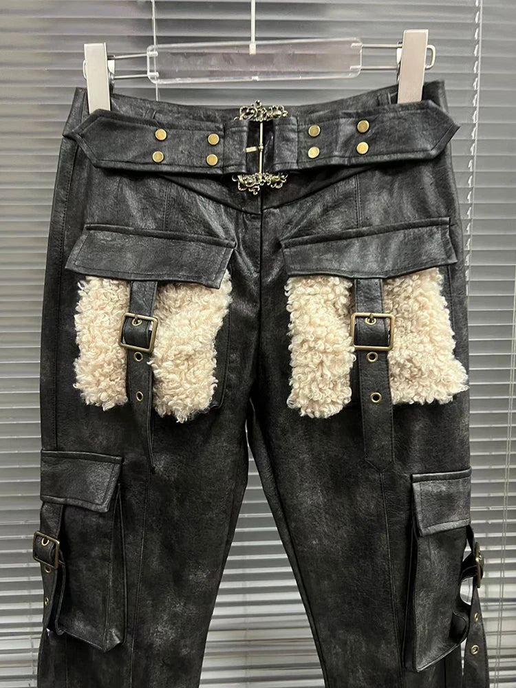 VGH Patchwork PU Leather Flare Pants