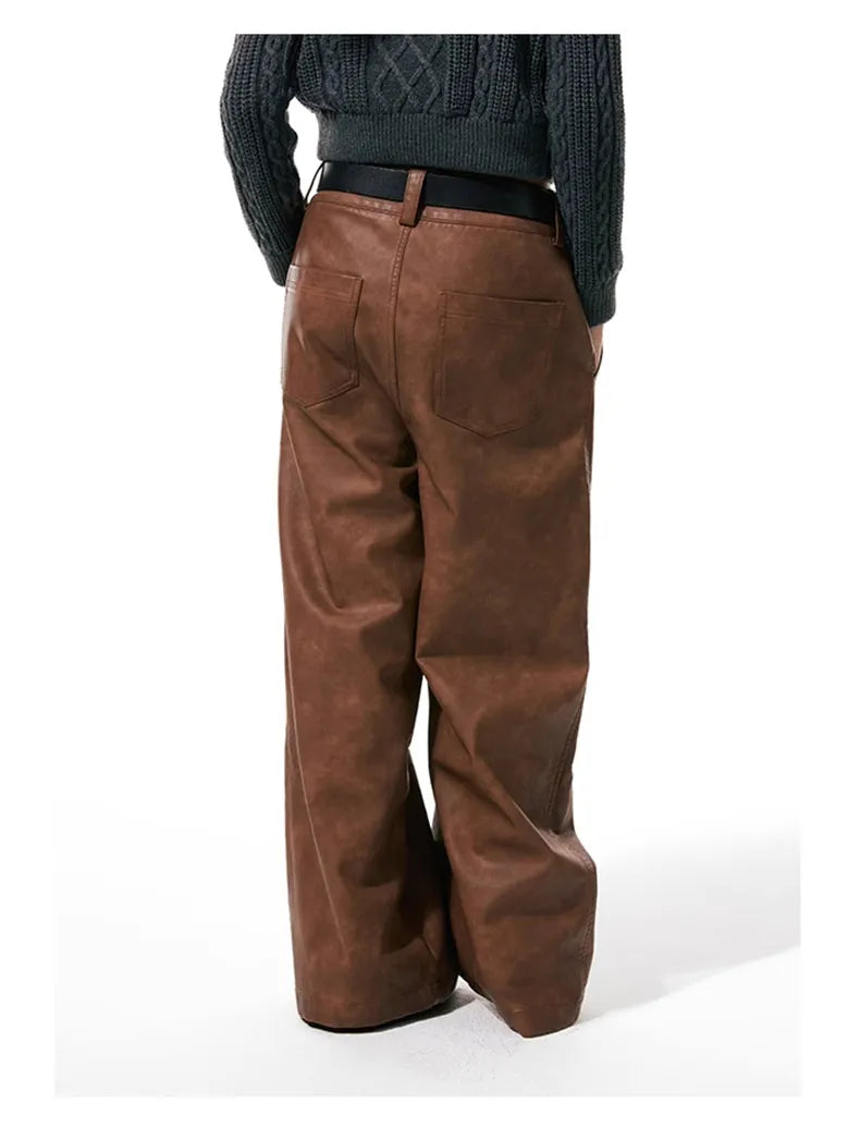 Brown Pu Leather Wide Leg  Pants