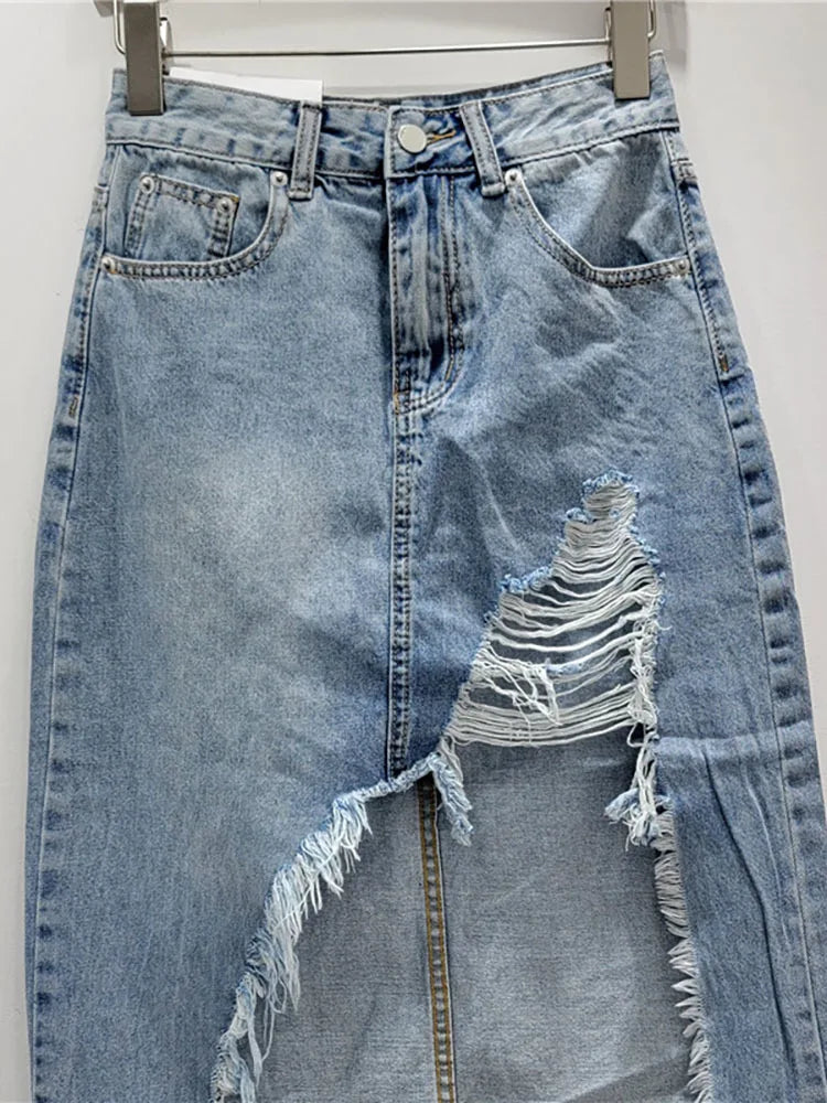 Denim Skirt High Waist Asymmetric A-line Long Skirt