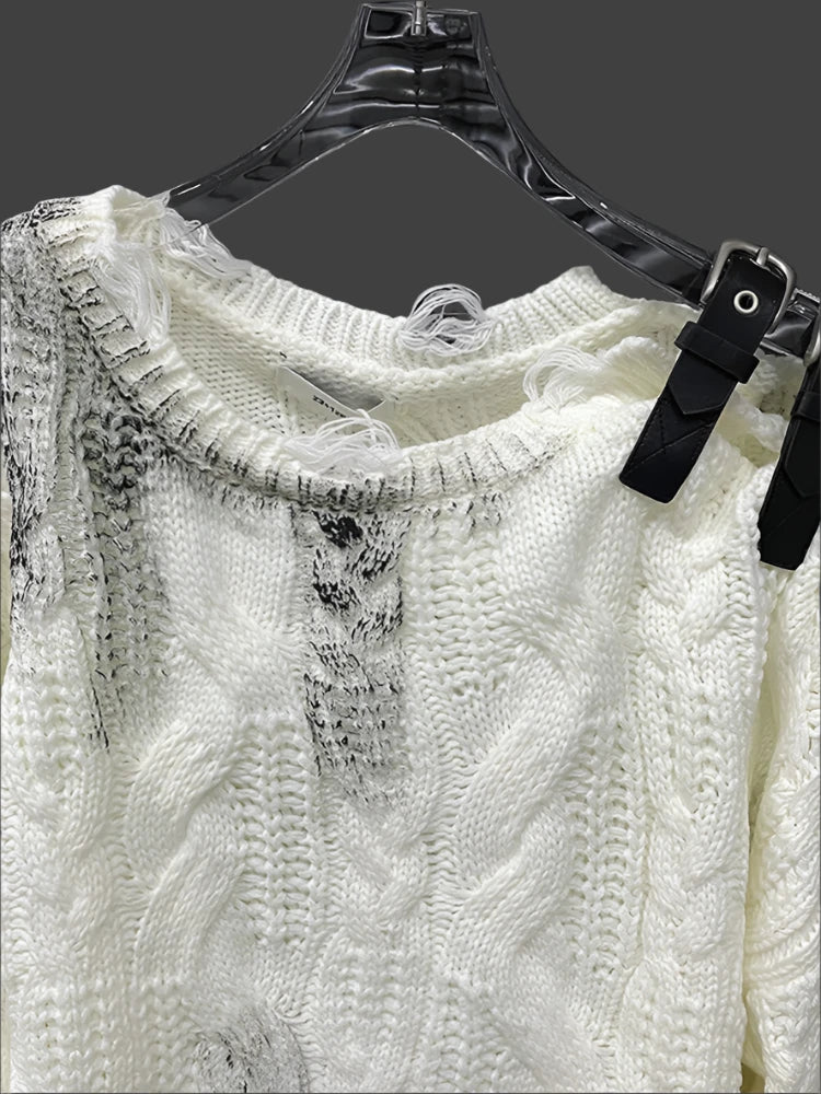 Irregular Pu Buckle Long Sleeve Off Shoulder Pullover Sweater