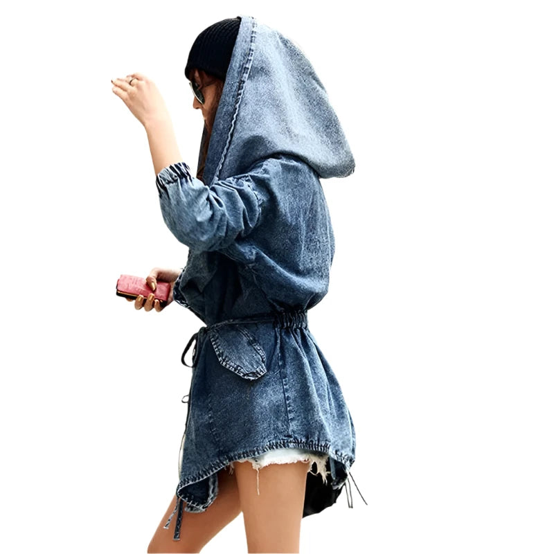 Hooded Denim Elastic Waist Batwing Sleeve Blue Jeans Jacket