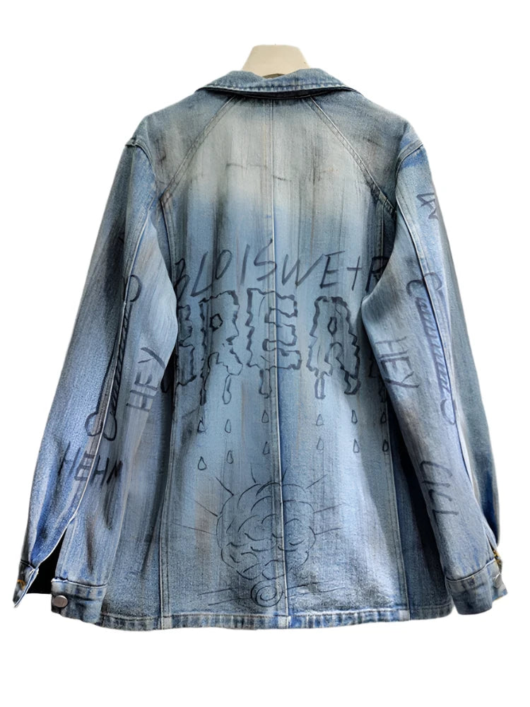 Denim Letter Graffiti Single Buttoned  Jacket