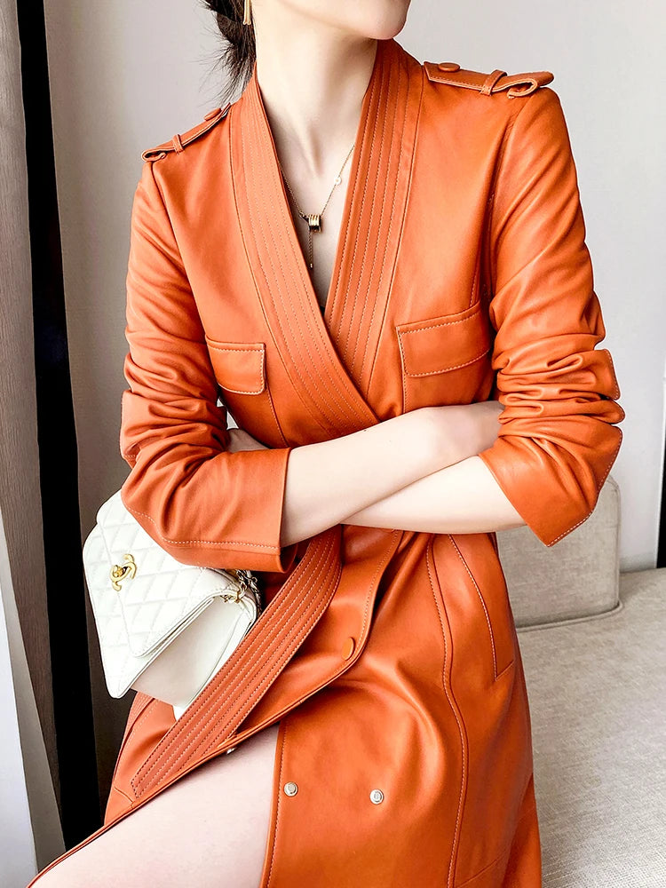 Deep V Neck Double Buttoned Soft Pu Leather Trench Coat